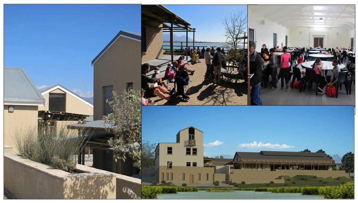 False Bay Nature Reserve Headquarters Complex (left), showing community use of the multi-purpose hall and associated courtyard (top centre and right) and Architect’s impression of the now completed Complex (bottom right).