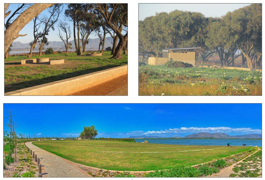 Newly completed infrastructure on Zeekoevlei Eastern Shore, including braai areas (top left), ablution  facilities (top right) and a landscaped central picnic area (bottom).