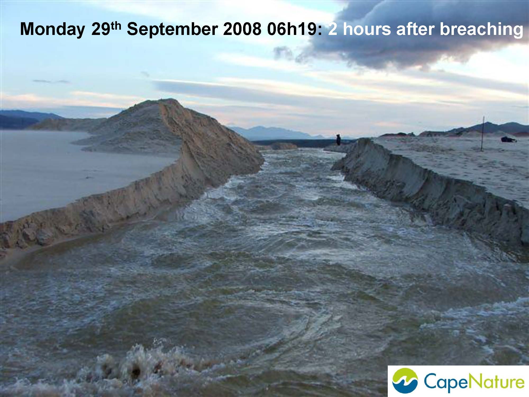  images of breaching of the Bot River Estuary including pre and post breaching.