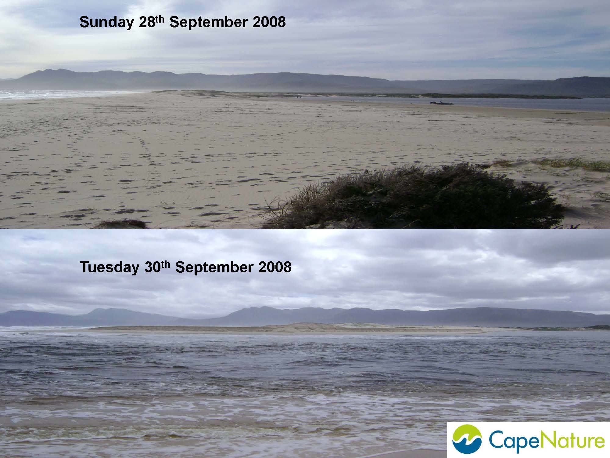 Images of breaching of the Bot River Estuary including pre and post breaching.