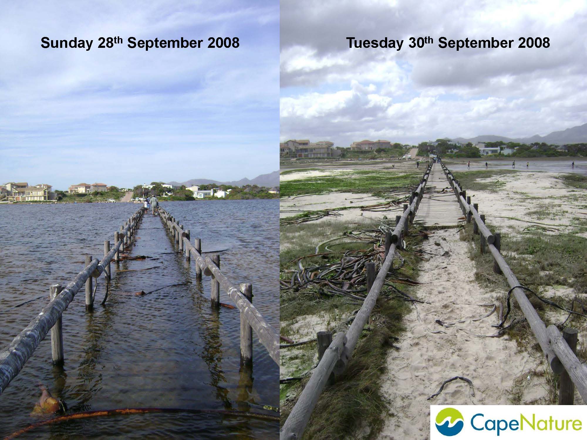 Images of breaching of the Bot River Estuary including pre and post breaching.