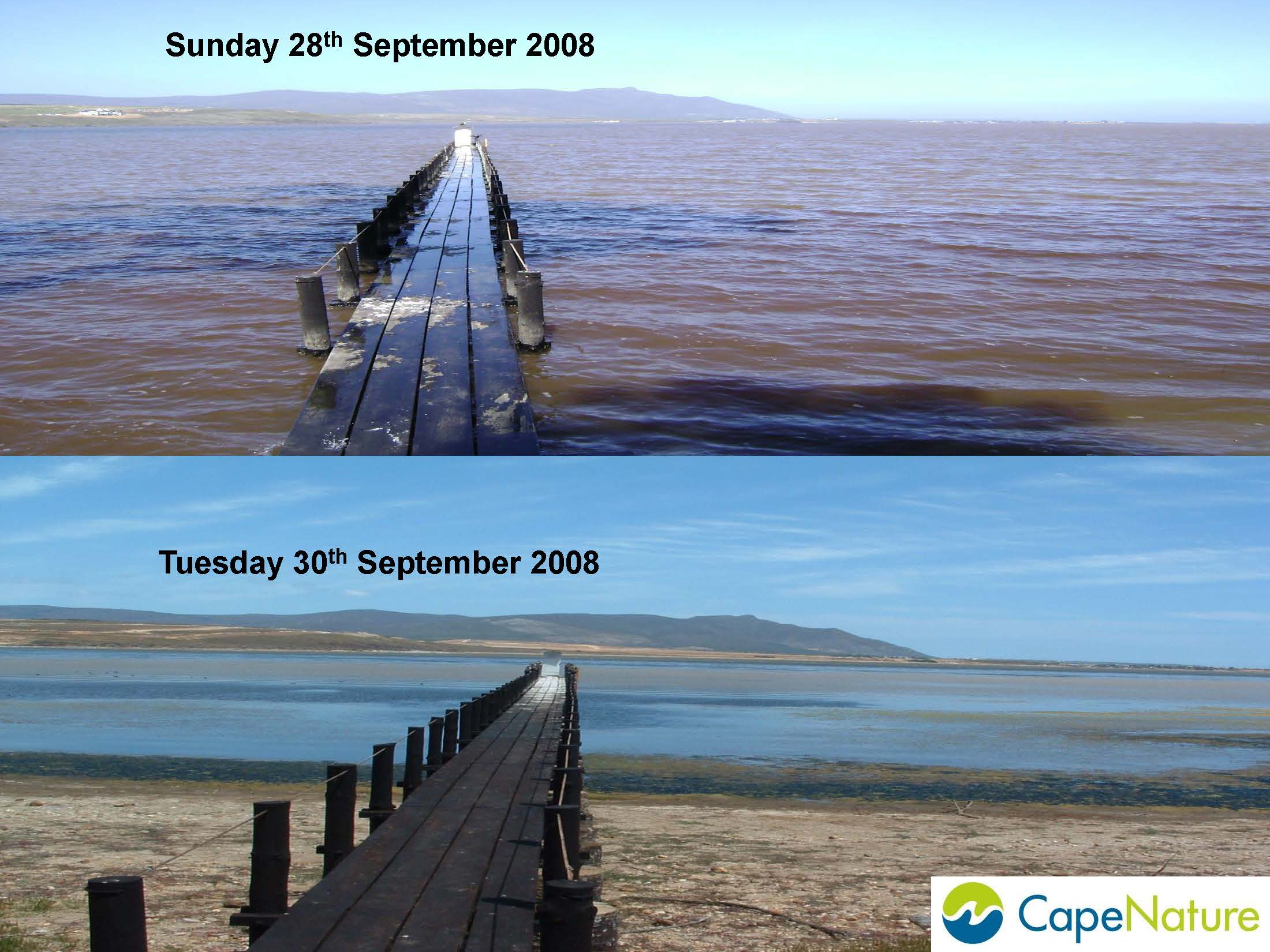 Images of breaching of the Bot River Estuary including pre and post breaching.